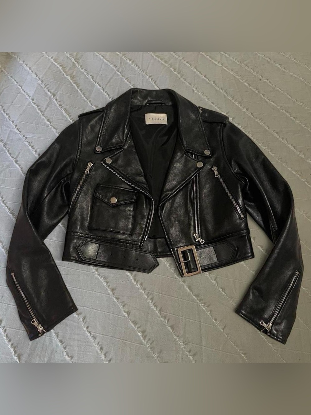 ♥️ SANDRO PARIS • Authentic Lamb Leather Cropped Moto Jacket